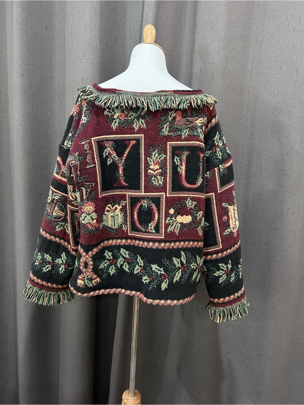 Fringed Tapestry Upcycled Sweater - Burgundy Floral - Picture 5 of 16